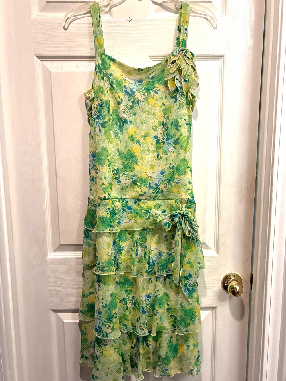 Vintage Lime Green Floral Tiered Dress with Ruffle Detail